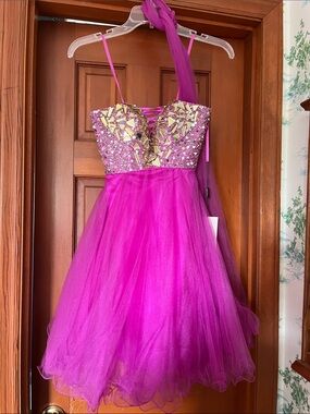 NWT Night Moves Prom Collection Fuchsia Beaded Tulle Dress Corset Back Sz 0